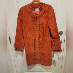 Pamela McCoy Genuine Suede Metal Embellished Burnt Orange Trench Coat
